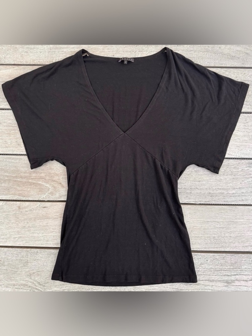 LADIES Theory Vintage Black Stretch Fitted Short Sleeve Blouse Shirt - Petite